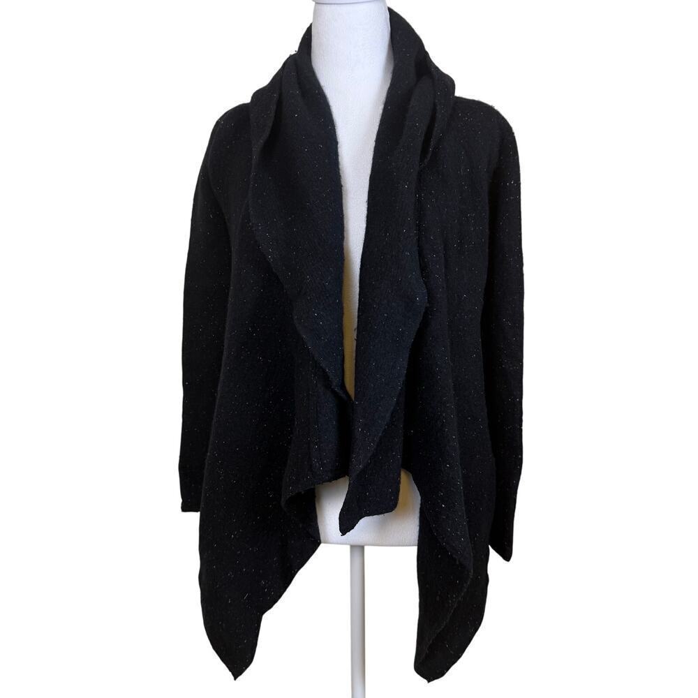 Margaret O’Leary Black Hooded Cardigan Sweater Open Front Draped Hem Pockets